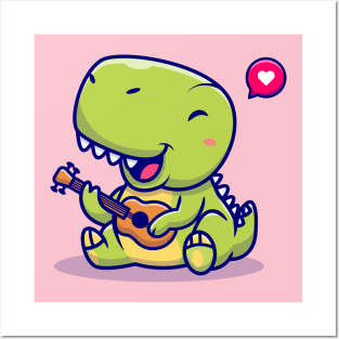 Cute Dinosaur Playing Guitar Cartoon Posters and Art